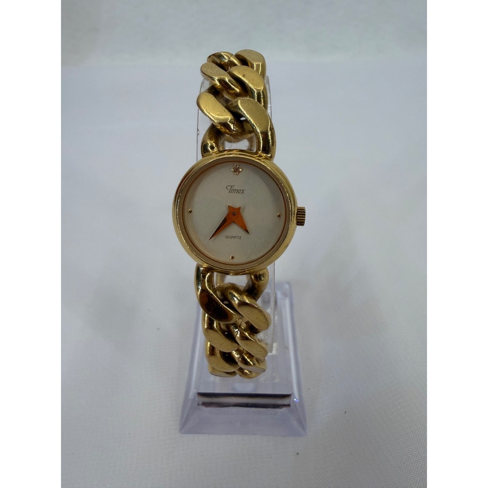 Timex Vintage Gold Tone Chunky Curb Chain Bracelet Watch Champagne Dial Crystal